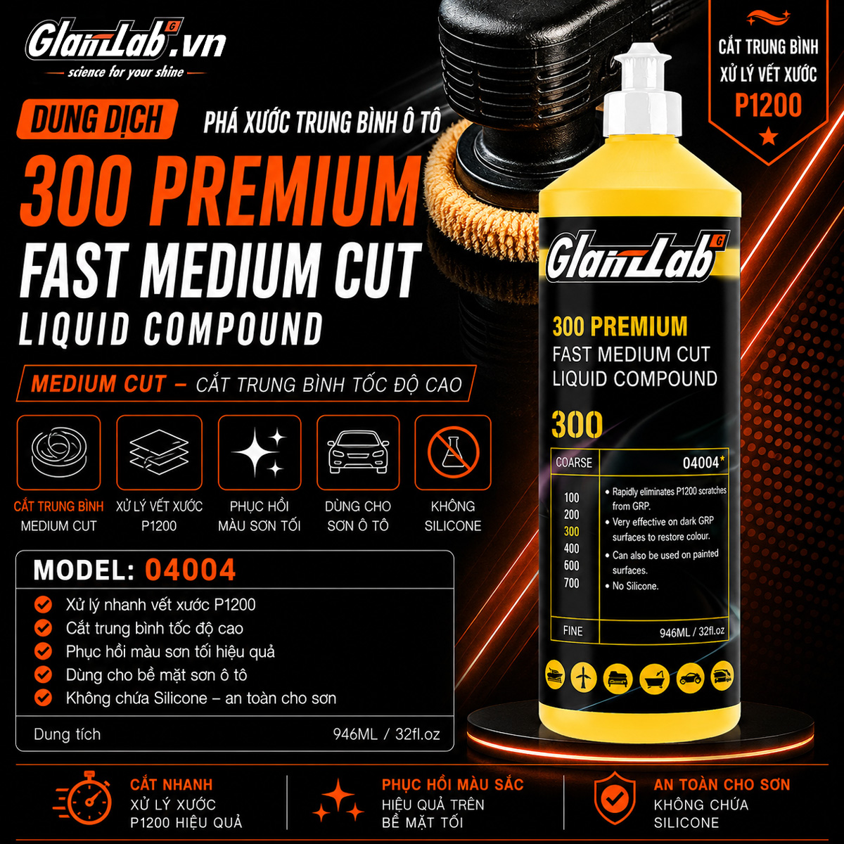 DUNG DỊCH PHÁ XƯỚC TRUNG BÌNH Ô TÔ GLANZLAB 300 ADVANCED FAST MEDIUM CUT LIQUID COMPOUND 04004 (946ML) DUNG DỊCH PHÁ XƯỚC TRUNG BÌNH Ô TÔ GLANZLAB 300 ADVANCED FAST MEDIUM CUT LIQUID COMPOUND 04004 (946ML)
