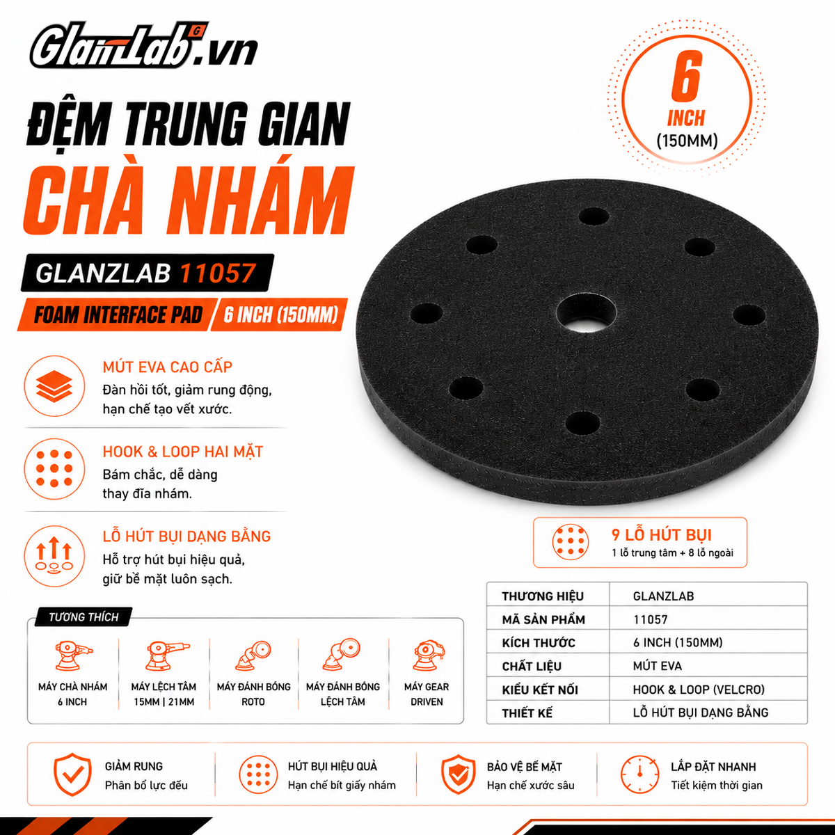 ĐỆM TRUNG GIAN CHÀ NHÁM GLANZLAB 11057 6 INCH (FOAM INTERFACE PAD) ĐỆM TRUNG GIAN CHÀ NHÁM GLANZLAB 11057 6 INCH (FOAM INTERFACE PAD)