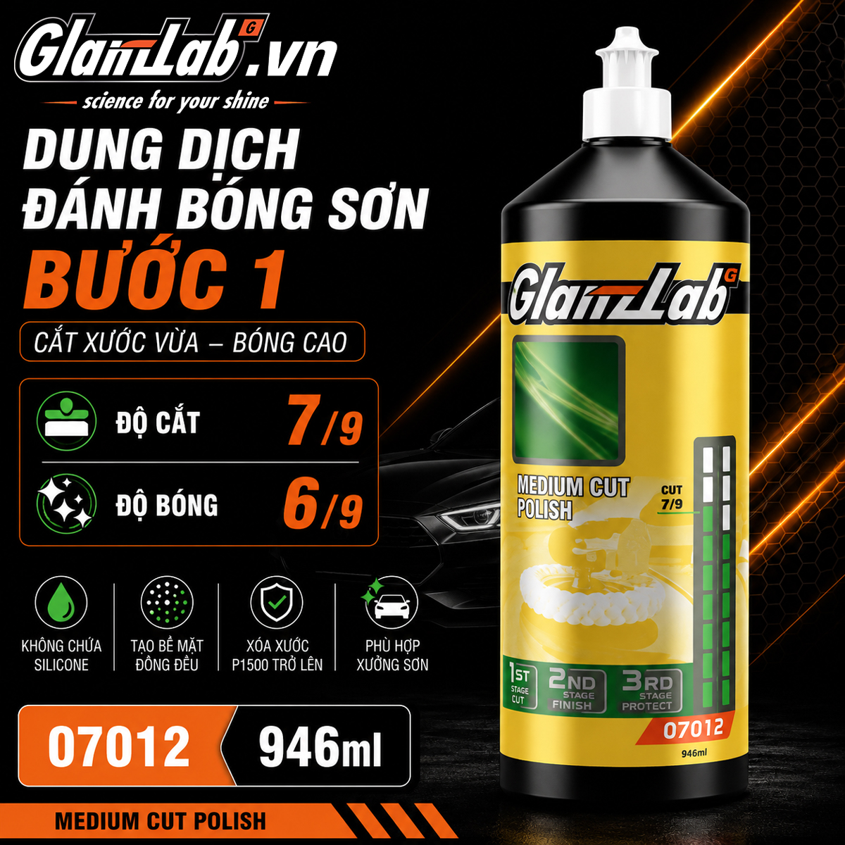 Xi Đánh Bóng Bước 1 GlanzLab Medium Cut Polish 07012 (946ml) – Xóa Xước P1500, Bóng Mịn Xi Đánh Bóng Bước 1 GlanzLab Medium Cut Polish 07012 (946ml) – Xóa Xước P1500, Bóng Mịn