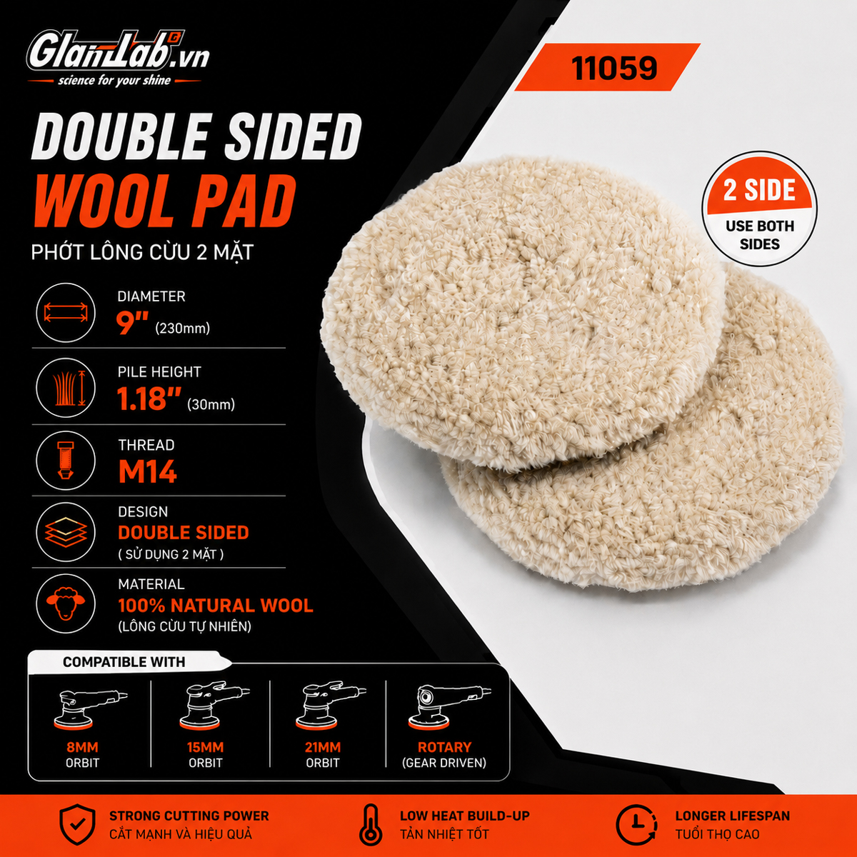 Phớt Lông Cừu 2 Mặt Glanzlab 9 Inch M14 (11059) Phớt Lông Cừu 2 Mặt Glanzlab 9 Inch M14 (11059)