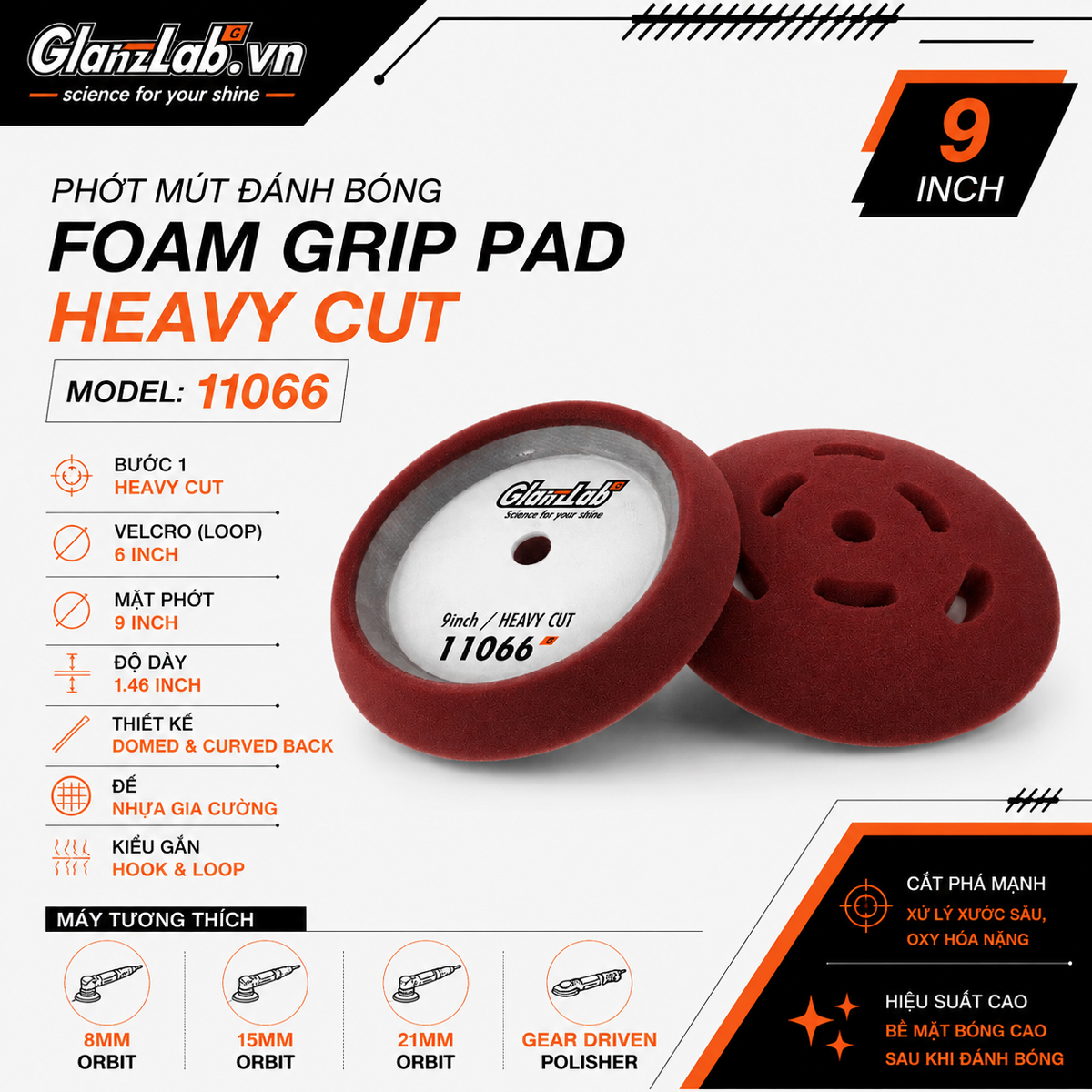 Phớt Mút Đánh Bóng Bước 1 Foam Grip Heavy Cut 9 Inch Glanzlab 11066 Phớt Mút Đánh Bóng Bước 1 Foam Grip Heavy Cut 9 Inch Glanzlab 11066