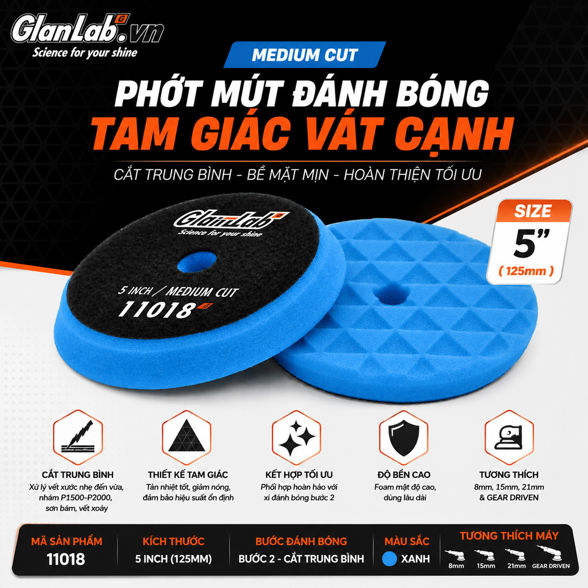 Phớt Mút Đánh Bóng Tam Giác Vát Cạnh Glanzlab 5 Inch (11018) | Medium Cut Phớt Mút Đánh Bóng Tam Giác Vát Cạnh Glanzlab 5 Inch (11018) | Medium Cut