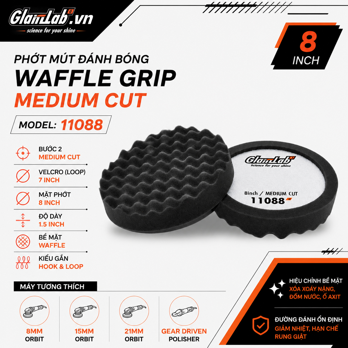 Phớt Mút Đánh Bóng Bước 2 Waffle Grip Medium Cut 8 Inch Glanzlab 11088 Phớt Mút Đánh Bóng Bước 2 Waffle Grip Medium Cut 8 Inch Glanzlab 11088
