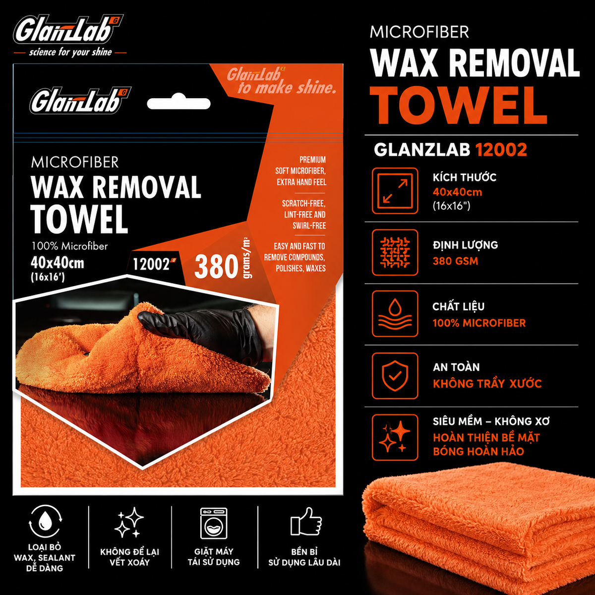Khăn Microfiber Lau Sáp Ô Tô GlanzLab 12002 – 380 GSM (40×40cm) Khăn Microfiber Lau Sáp Ô Tô GlanzLab 12002 – 380 GSM (40×40cm)