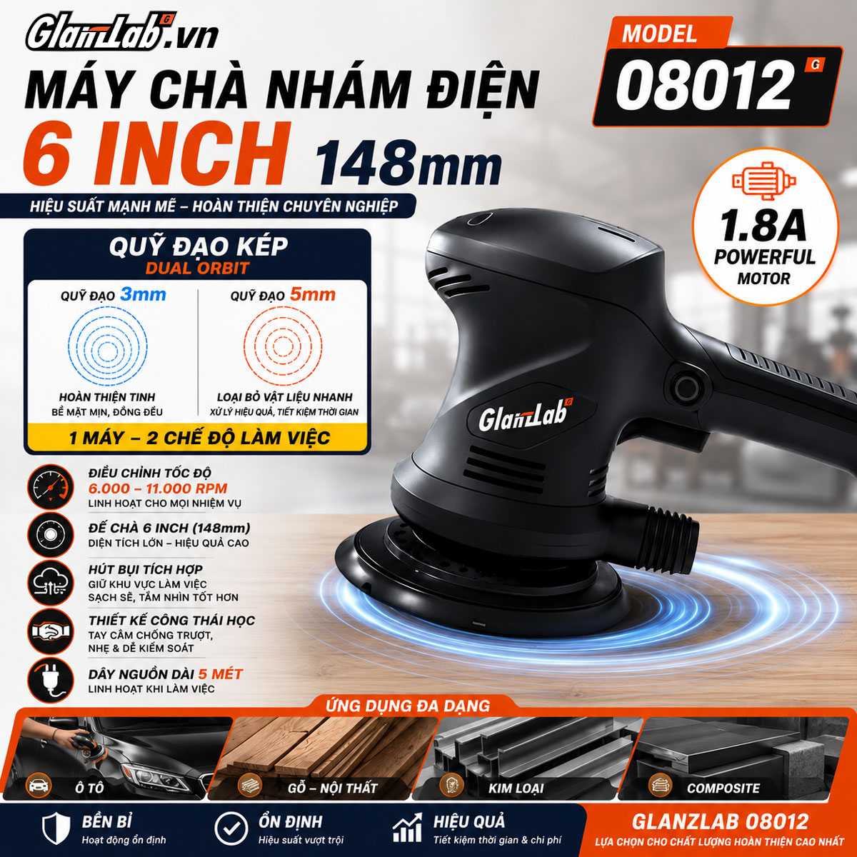 Máy Chà Nhám Điện 6 Inch GlanzLab Quỹ Đạo Kép 08012 Máy Chà Nhám Điện 6 Inch GlanzLab Quỹ Đạo Kép 08012
