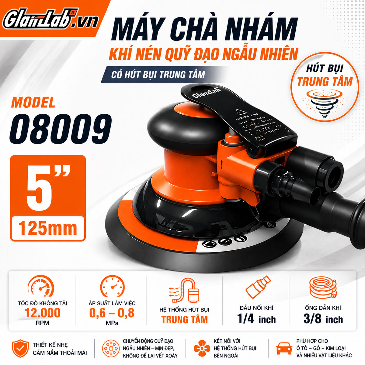 Máy Chà Nhám Khí Nén Quỹ Đạo Ngẫu Nhiên 5 Inch Glanzlab 08009 Có Hút Bụi Trung Tâm Máy Chà Nhám Khí Nén Quỹ Đạo Ngẫu Nhiên 5 Inch Glanzlab 08009 Có Hút Bụi Trung Tâm